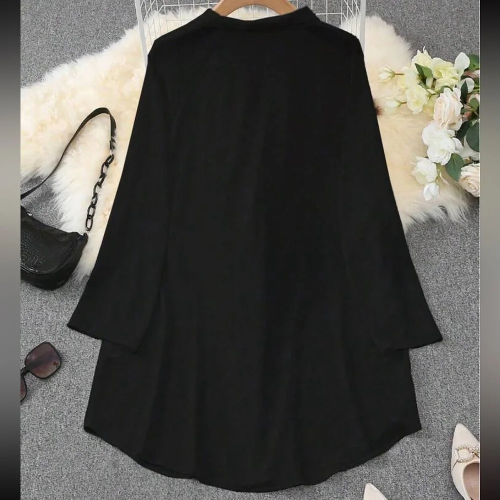 Plus Size Classic Elegant Roll Up Button Down Shirt Dress Black - Picture 2 of 9